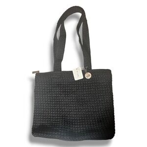 The Sak Black Crochet Tote Shoulder Bag Handcrafted Zip Top 0031 NEW
